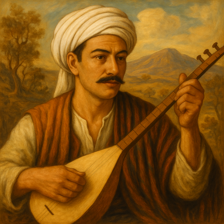 Kırda bağlama çalan bir adam tasviri